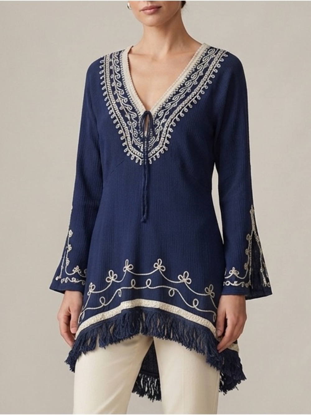 Kut from the Kloth Navy Long Sleeve Embroidered Cotton V-Neck Tunic Size XL